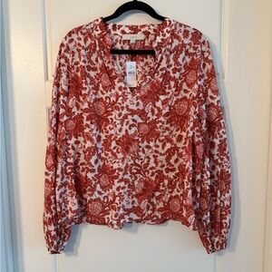 LOFT Red and White Floral Blouse